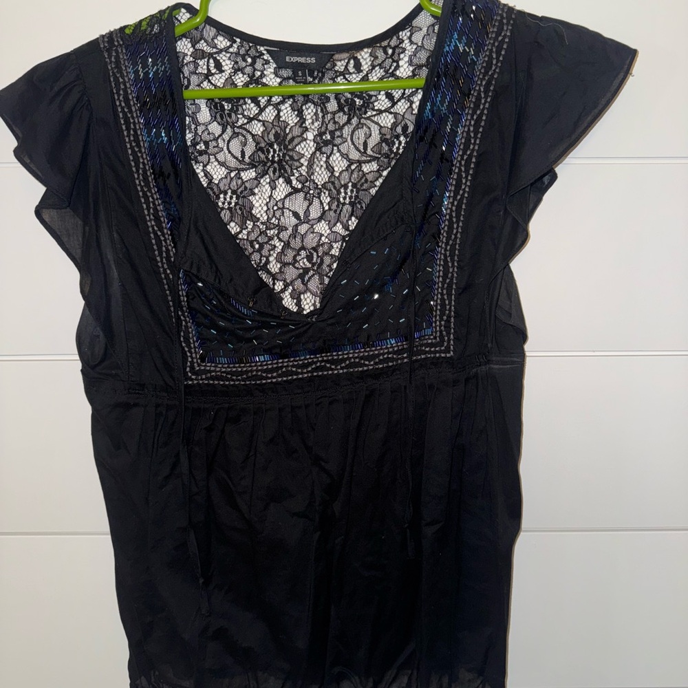 Express Black and Blue Lace Accent Blouse